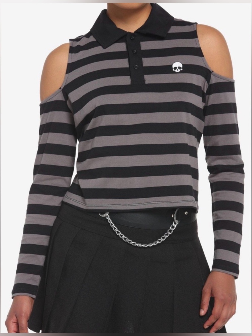 Hot Topic Striped Cold-Shoulder Polo Top in Gray & Black size M NWT